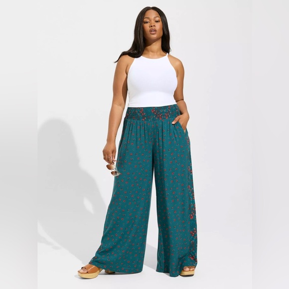 torrid Pants - Torrid NWT Pull-On Wide Leg Challis Smocked Waist High-Rise Pant in Deep Teal